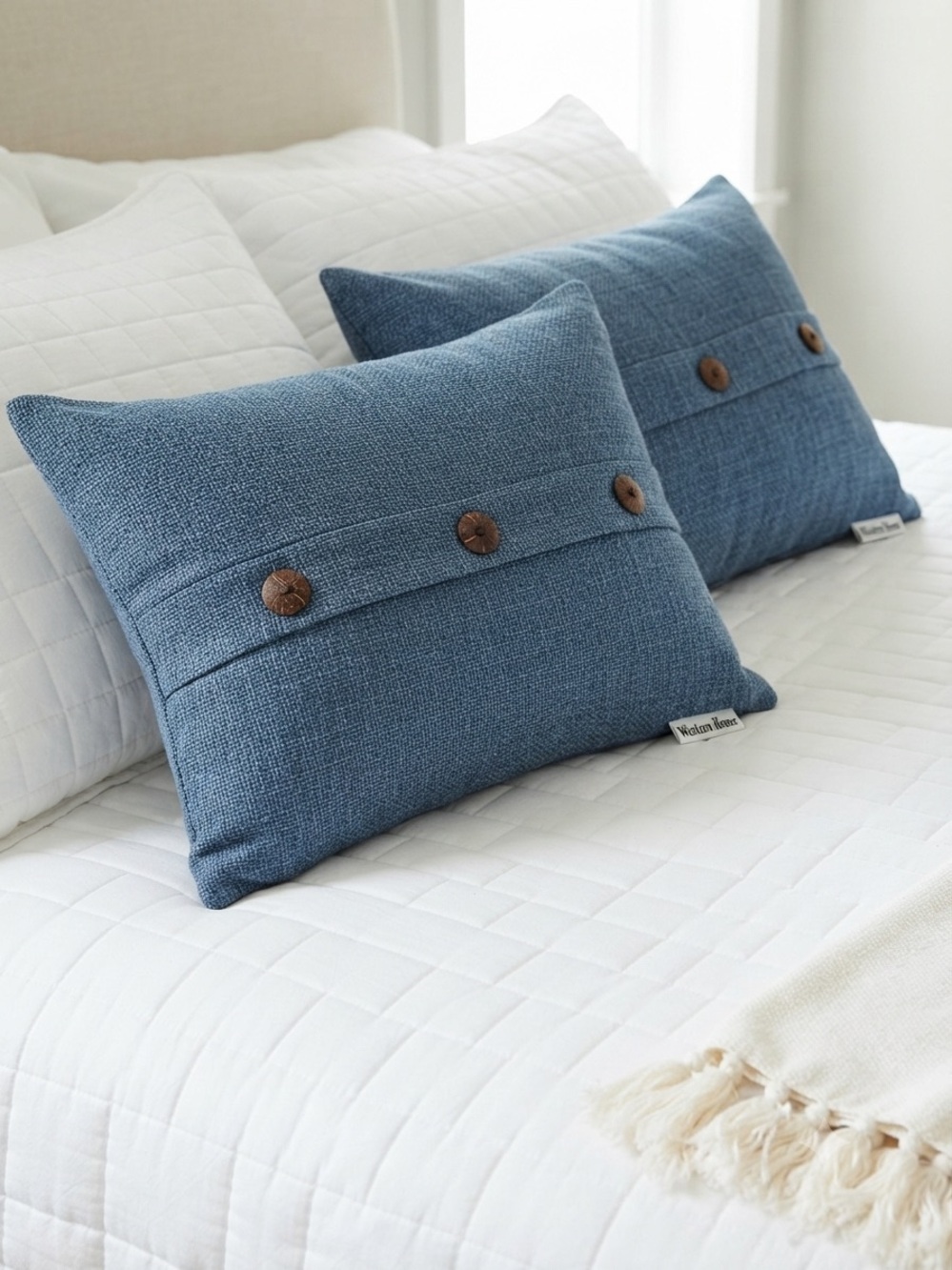 Woven Denim Blue Button Accent Pillow Cases- Home Bedding